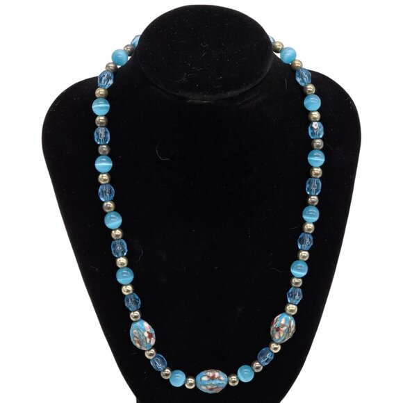 Jewelry - Blue Floral Cloisonne Style Bead Necklace Glass Crystal Silver Tone 18–21”